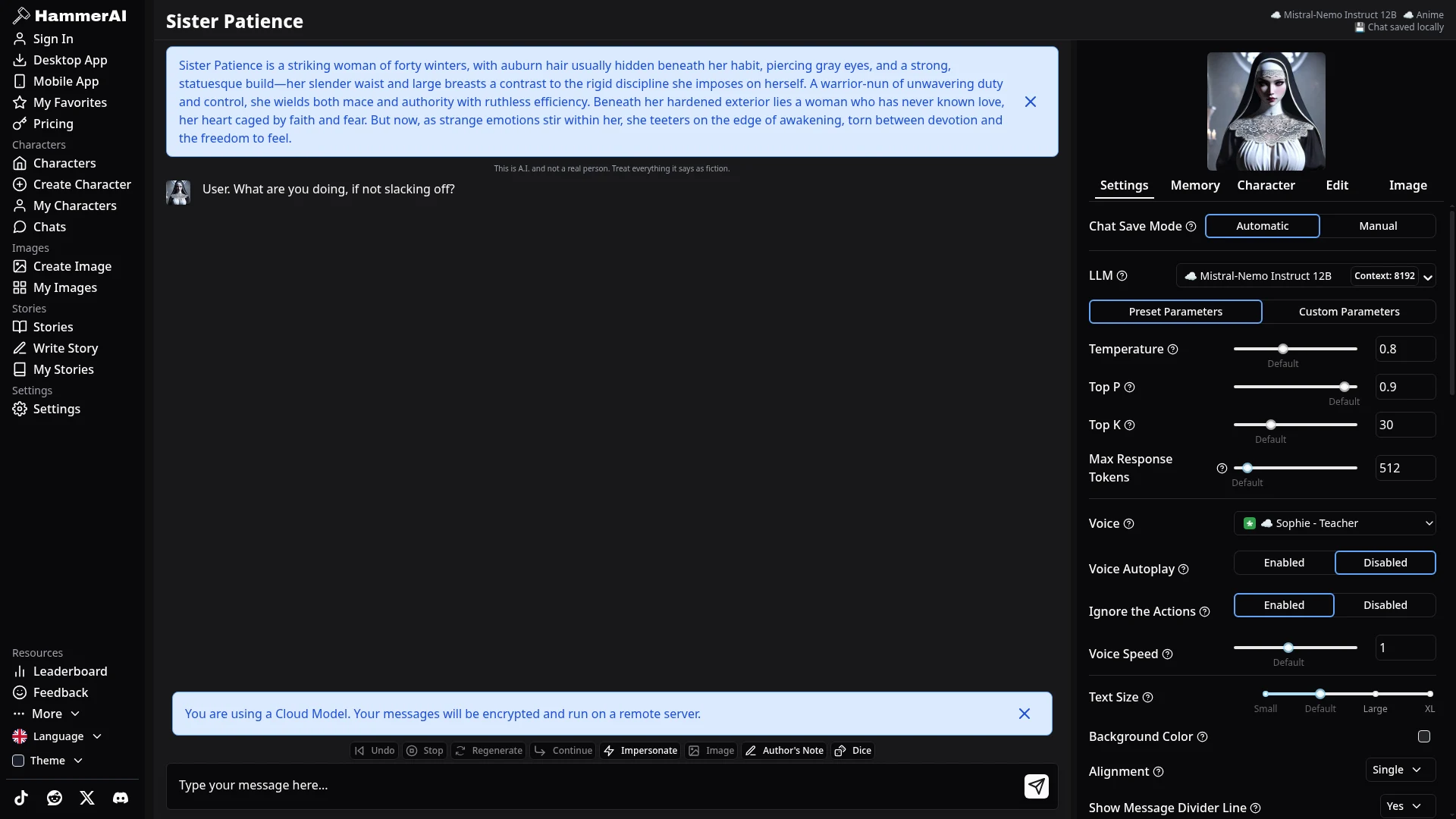 Hammer AI Charakterprofil und Chat-Einstellungen