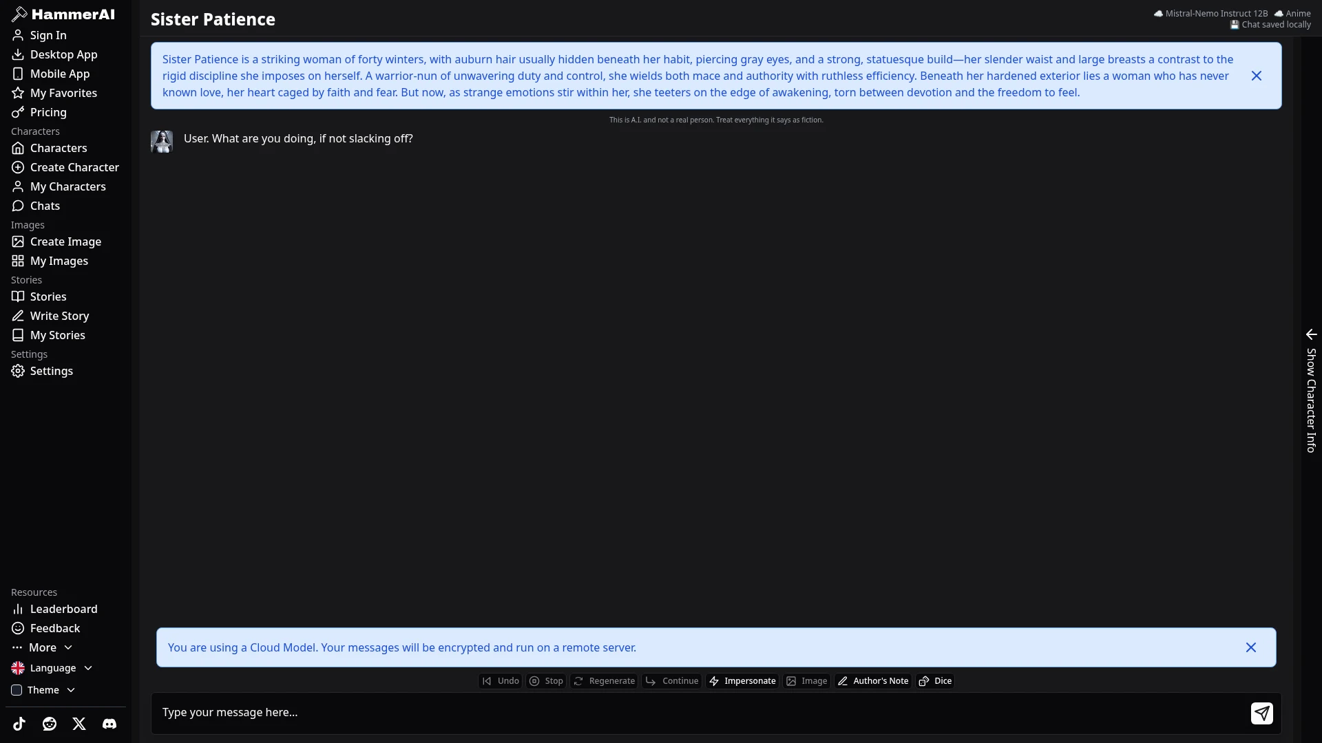 Hammer AI Chat-Oberfläche mit einem KI-Charakter